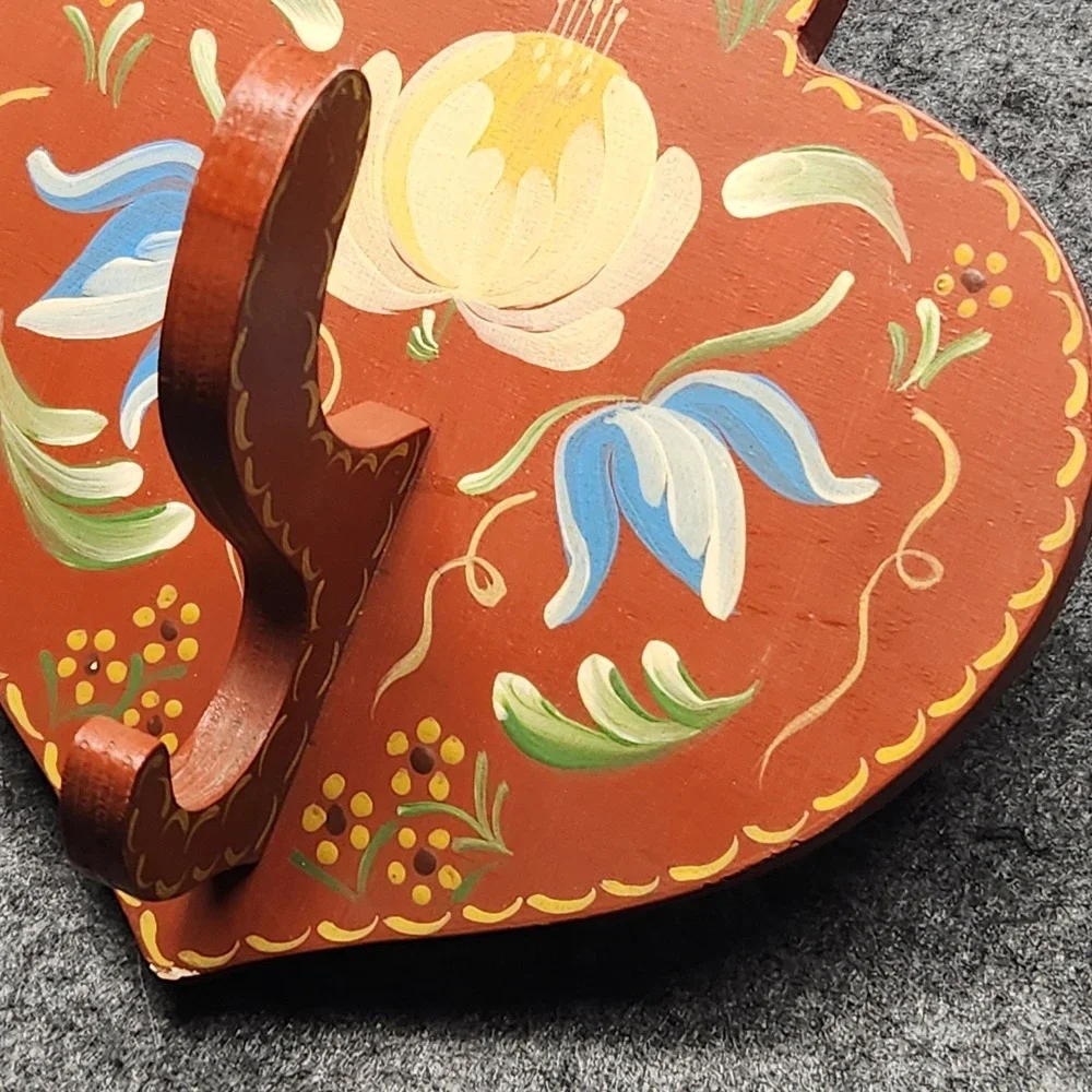 Vintage Folk Art Country Floral Wall Hanging Hook Cottagecore 1980s Handmade